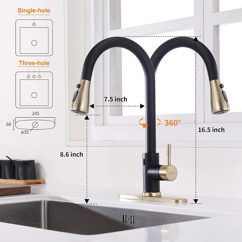 Keer Touchless Kitchen Faucet with Pull Down Sprayer, Motion Sensor Kitchen Faucet with Kitchen Soap Dispenser, Single Handle High Arc Pull Out Faucet for Kitchen Sink,Black and Polished Chrome - Image 3